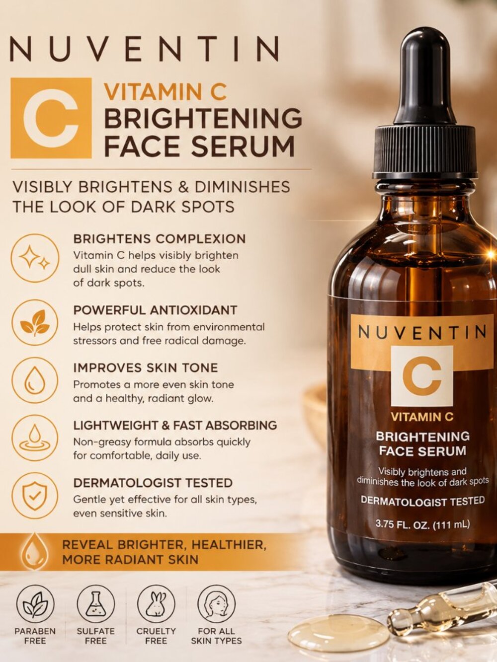 Nuventin Vitamin C Brightening Face Serum 3.75 oz Dermatologist Tested